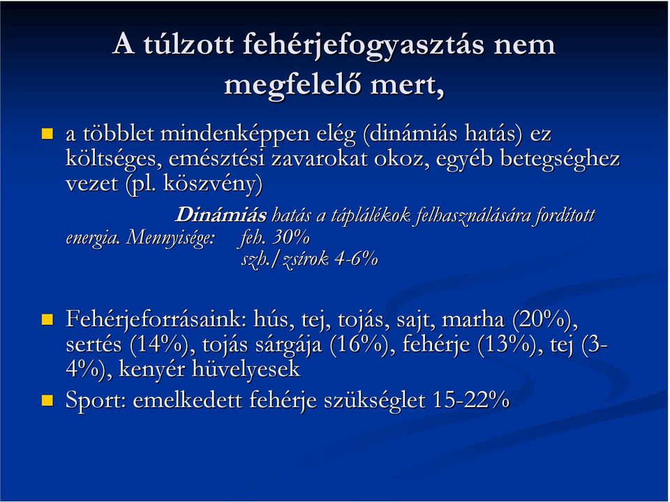 köszvk szvény) Dinámi miás hatás s a táplt plálékok felhasználására fordított energia. Mennyisége: feh.. 30% szh.