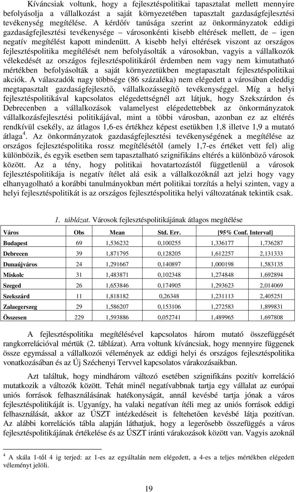 A kisebb helyi eltérések viszont az országos fejlesztéspolitika megítélését nem befolyásolták a városokban, vagyis a vállalkozók vélekedését az országos fejlesztéspolitikáról érdemben nem vagy nem