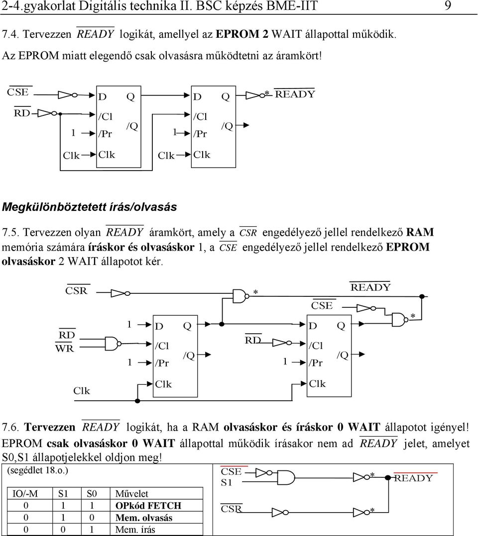 Tervezzen olyan READY áramkört, amely a CSR engedélyező jellel rendelkező RAM memória számára íráskor és olvasáskor 1, a CSE engedélyező jellel rendelkező EPROM olvasáskor 2 WAIT állapotot kér.
