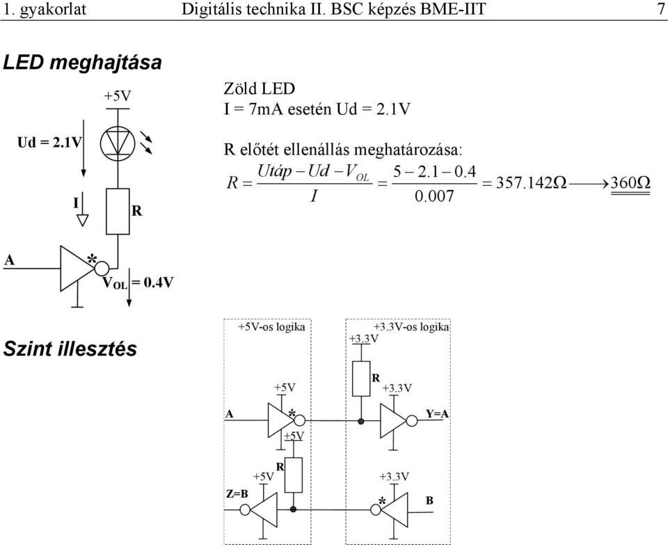 1V I R R előtét ellenállás meghatározása: Utáp Ud VOL 5 2.1 0.4 R = = = 357.