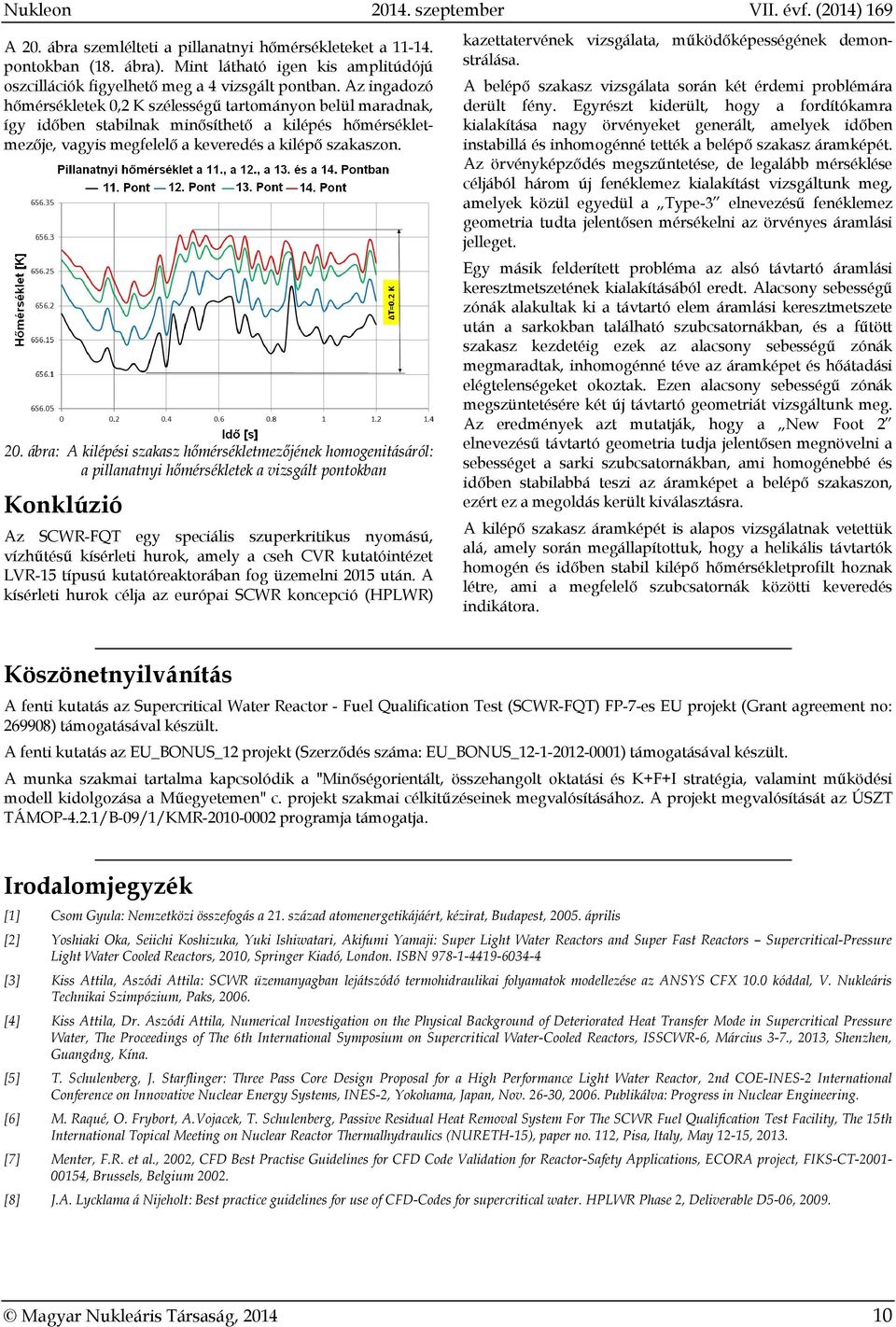 ábra: A kilépési szakasz hőmérsékletmezőjének homogenitásáról: a pillanatnyi hőmérsékletek a vizsgált pontokban Konklúzió Az SCWR-FQT egy speciális szuperkritikus nyomású, vízhűtésű kísérleti hurok,