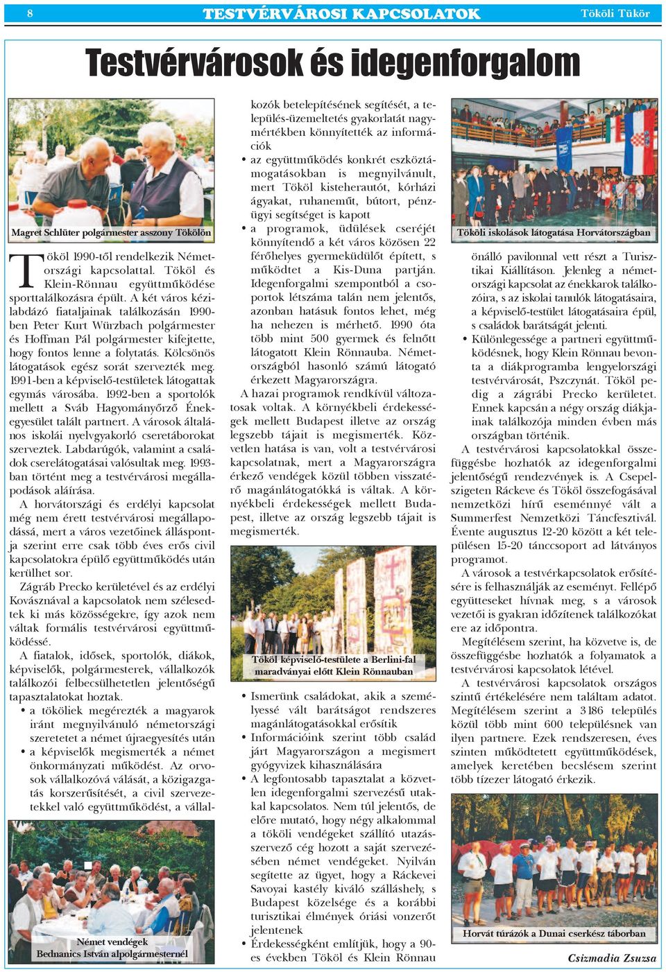 A két város kézilabdázó fiataljainak találkozásán 1990- ben Peter Kurt Würzbach polgármester és Hoffman Pál polgármester kifejtette, hogy fontos lenne a folytatás.