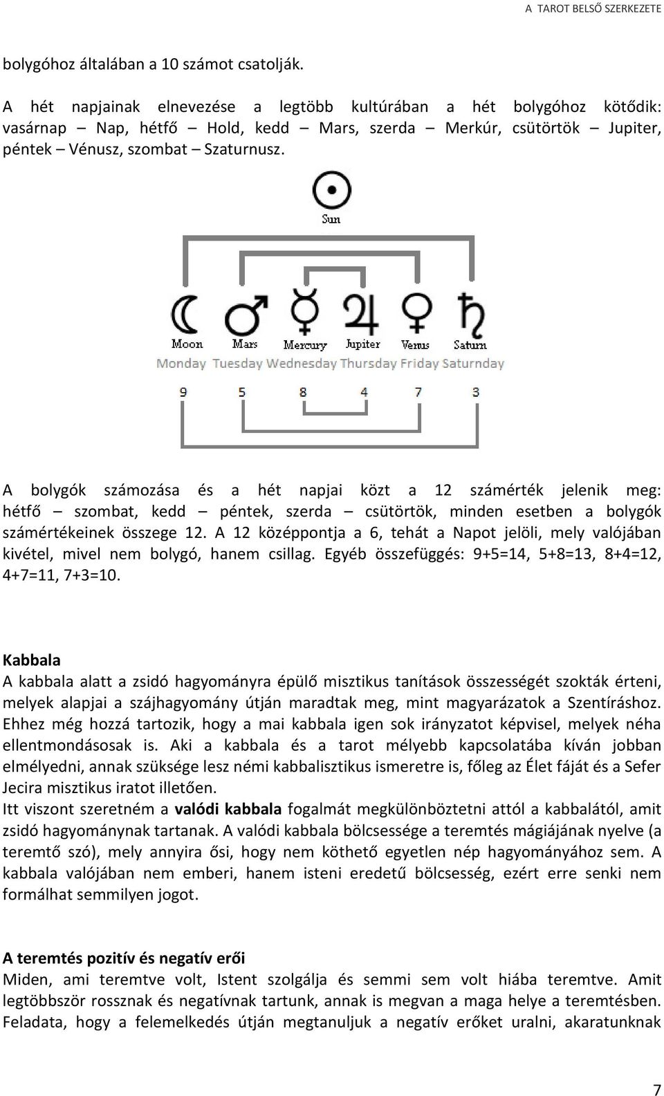 A bolygók számozása és a hét napjai közt a 12 számérték jelenik meg: hétfő szombat, kedd péntek, szerda csütörtök, minden esetben a bolygók számértékeinek összege 12.