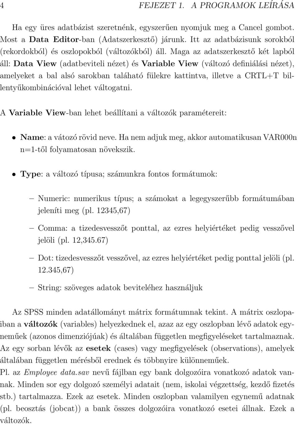 Maga az adatszerkesztő két lapból áll: Data View (adatbeviteli nézet) és Variable View (változó definiálási nézet), amelyeket a bal alsó sarokban taláható fülekre kattintva, illetve a CRTL+T