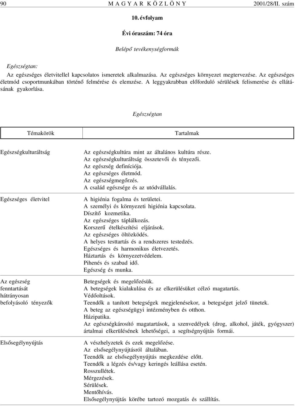 Egészségtan Egészségkulturáltság Egészséges életvitel Az egészség fenntartását hátrányosan befolyásoló tényez ók Els ósegélynyújtás Az egészségkultúra mint az általános kultúra része.