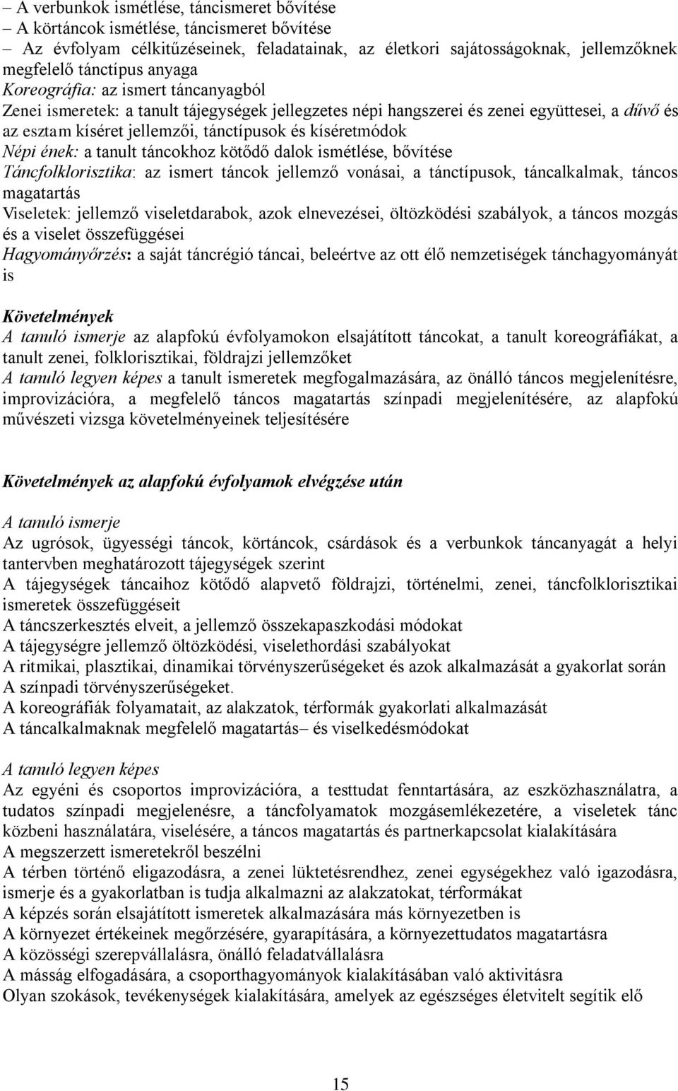 ének: a tanult táncokhoz kötődő dalok ismétlése, bővítése Táncfolklorisztika: az ismert táncok jellemző vonásai, a tánctípusok, táncalkalmak, táncos magatartás Viseletek: jellemző viseletdarabok,