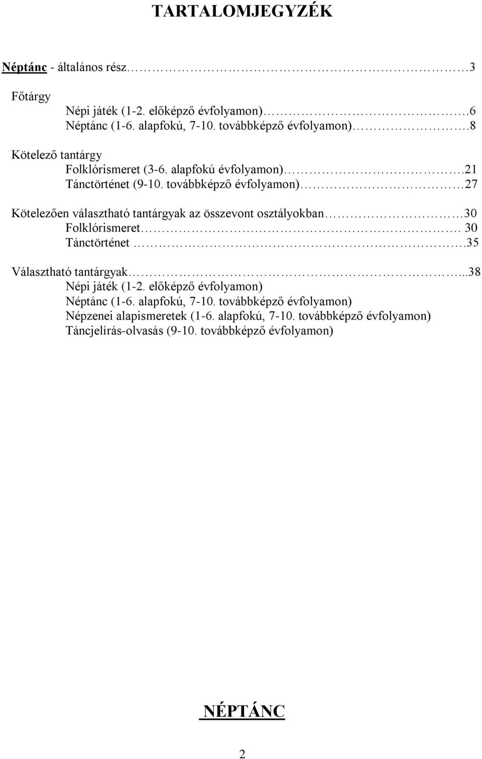 továbbképző évfolyamon) 27 Kötelezően választható tantárgyak az összevont osztályokban 30 Folklórismeret. 30 Tánctörténet.35 Választható tantárgyak.