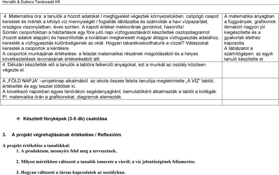 Szintén csoportokban a háztartások egy főre jutó napi vízfogyasztásáról készítettek oszlopdiagramot (hozott adatok alapján) és hasonlították a korábban megkeresett magyar átlagos vízfogyasztás