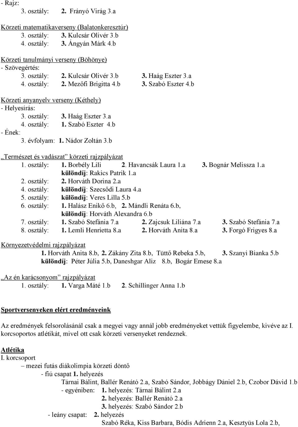 b Körzeti anyanyelv verseny (Kéthely) - Helyesírás: 3. osztály: 3. Haág Eszter 3.a 4. osztály: 1. Szabó Eszter 4.b - Ének: 3. évfolyam: 1. Nádor Zoltán 3.