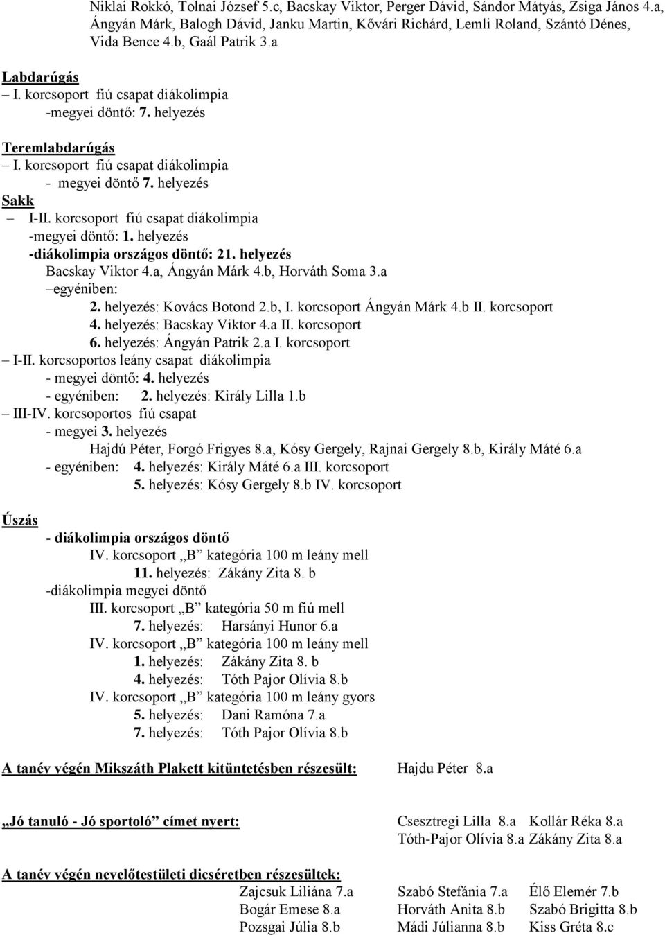 korcsoport fiú csapat diákolimpia -megyei döntő: 1. helyezés -diákolimpia országos döntő: 21. helyezés Bacskay Viktor 4.a, Ángyán Márk 4.b, Horváth Soma 3.a egyéniben: 2. helyezés: Kovács Botond 2.