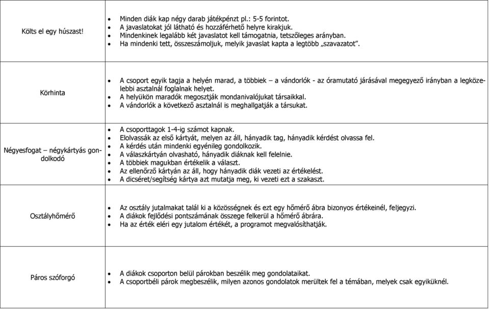 Körhinta A csoport egyik tagja a helyén marad, a többiek a vándorlók - az óramutató járásával megegyező irányban a legközelebbi asztalnál foglalnak helyet.