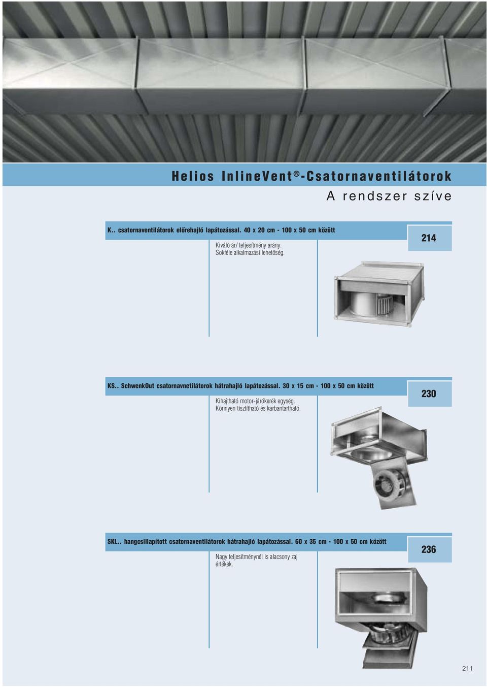 214 KS.. SchwenkOut csatornavnetilátorok hátrahajló lapátozással. 30 x 15 cm 100 x 50 cm között Kihajtható motor járókerék egység.