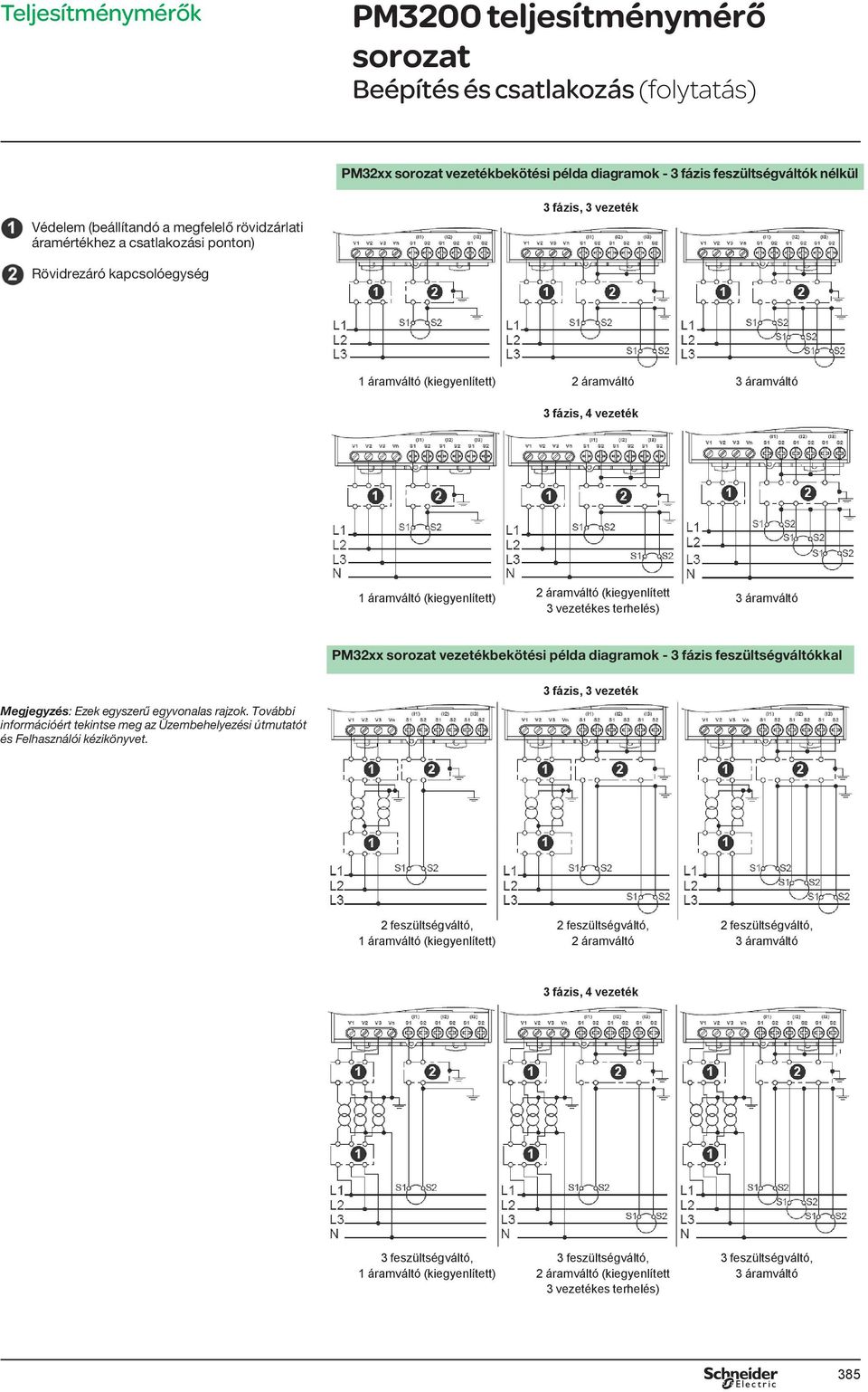 vezetékes terhelés) PM32xx vezetékekötési példa diagramok - 3 fázis feszültségváltókkal Megjegyzés: Ezek egyszerű egyvonalas rajzok.