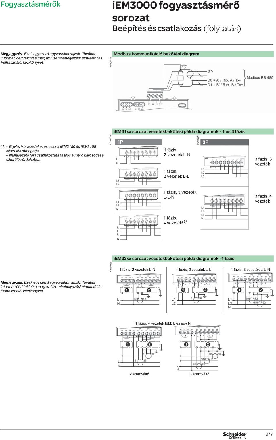 PB105310 iem31xx vezetékekötési példa diagramok - 1 és 3 fázis 1 fázis, 2 vezeték L-N 1 fázis, 2 vezeték L-L PB105311 3 fázis, 3 vezeték 1 fázis, 3 vezeték L-L-N 3 fázis, 4 vezeték 1 fázis, 4 vezeték