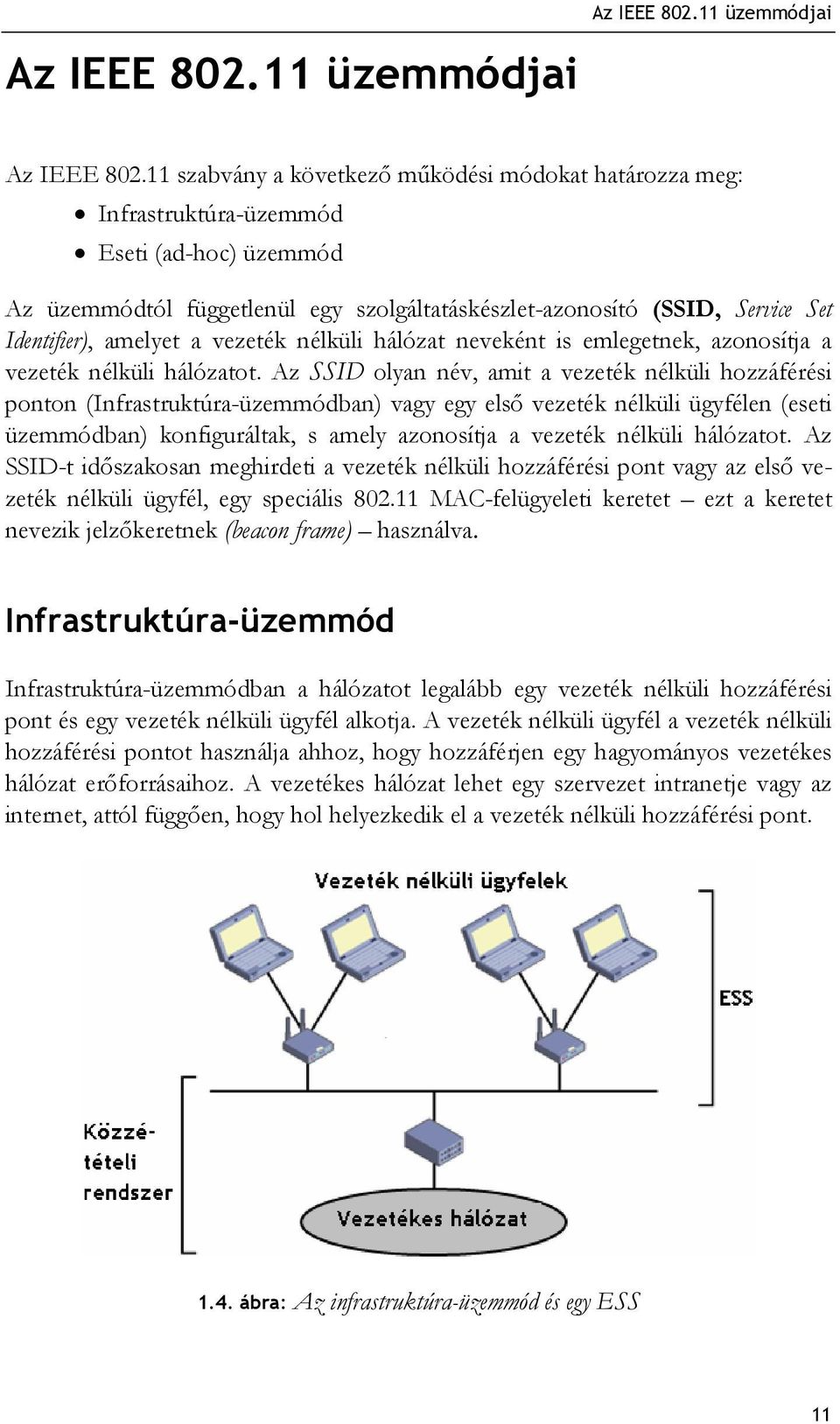 11 szabvány a következő működési módokat határozza meg: Infrastruktúra-üzemmód Eseti (ad-hoc) üzemmód Az üzemmódtól függetlenül egy szolgáltatáskészlet-azonosító (SSID, Service Set Identifier),