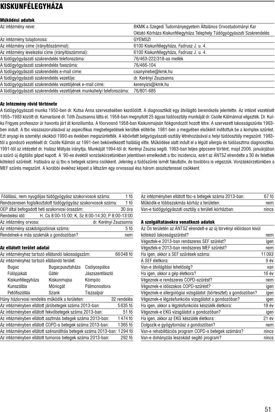 Az intézmény levelezési címe (irányítószámmal): 6100  A tüdõgyógyászati szakrendelés telefonszáma: 76/463-222/318-as mellék A tüdõgyógyászati szakrendelés faxszáma: 76/466-104 A tüdõgyógyászati