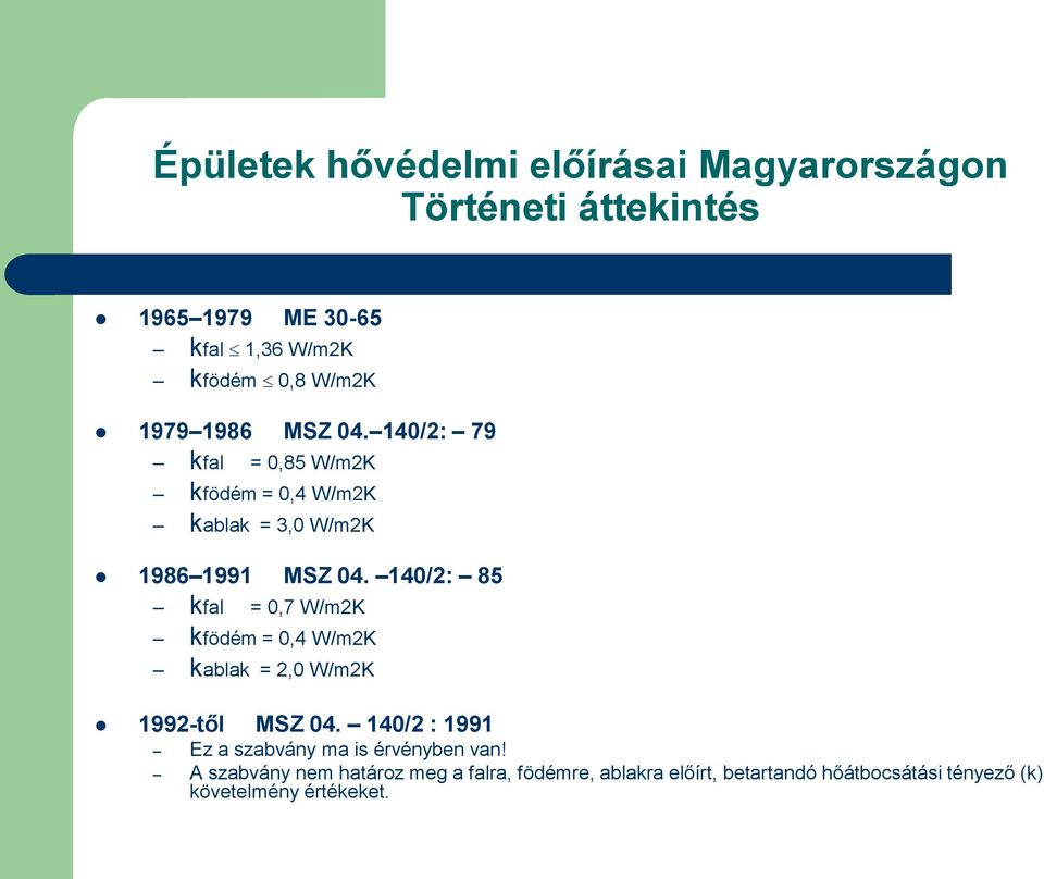 140/2: 85 kfal = 0,7 W/m2K kfödém = 0,4 W/m2K kablak = 2,0 W/m2K 1992-től MSZ 04.