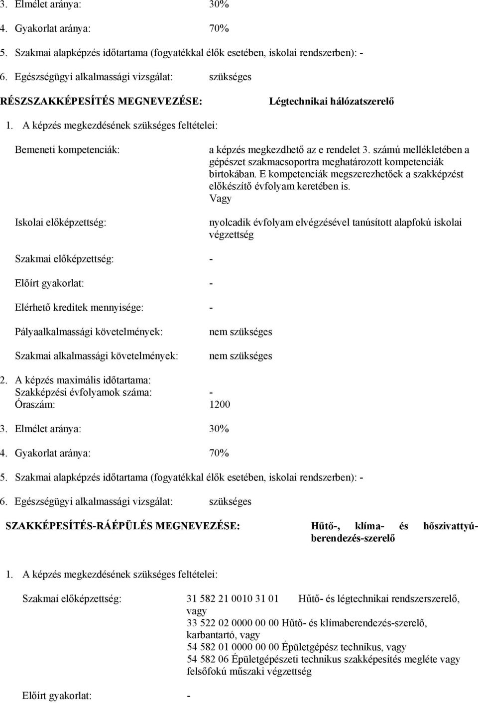 A képzés megkezdésének szükséges feltételei: Bemeneti kompetenciák: Iskolai előképzettség: a képzés megkezdhető az e rendelet 3.