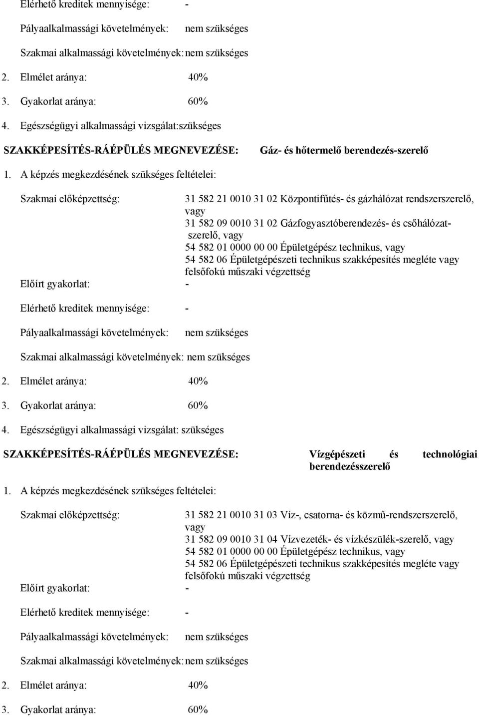 A képzés megkezdésének szükséges feltételei: Szakmai előképzettség: 31 582 21 0010 31 02 Központifűtés- és gázhálózat rendszerszerelő, vagy 31 582 09 0010 31 02 Gázfogyasztóberendezés- és