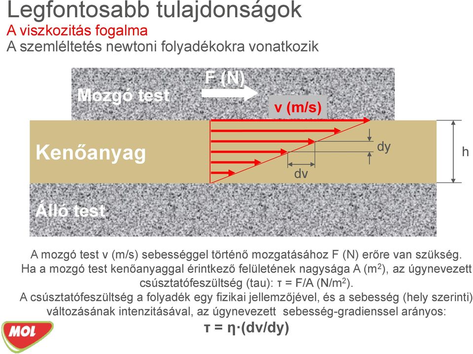 Ha a mozgó test kenőanyaggal érintkező felületének nagysága A (m 2 ), az úgynevezett csúsztatófeszültség (tau): τ = F/A (N/m 2 ).