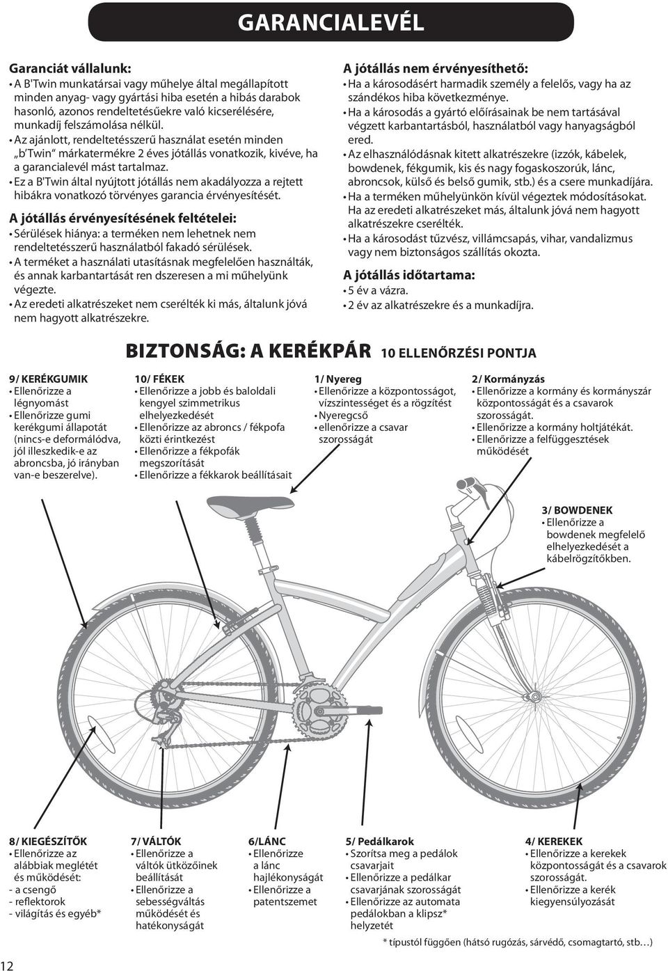 Ez a B'Twin által nyújtott jótállás nem akadályozza a rejtett hibákra vonatkozó törvényes garancia érvényesítését.