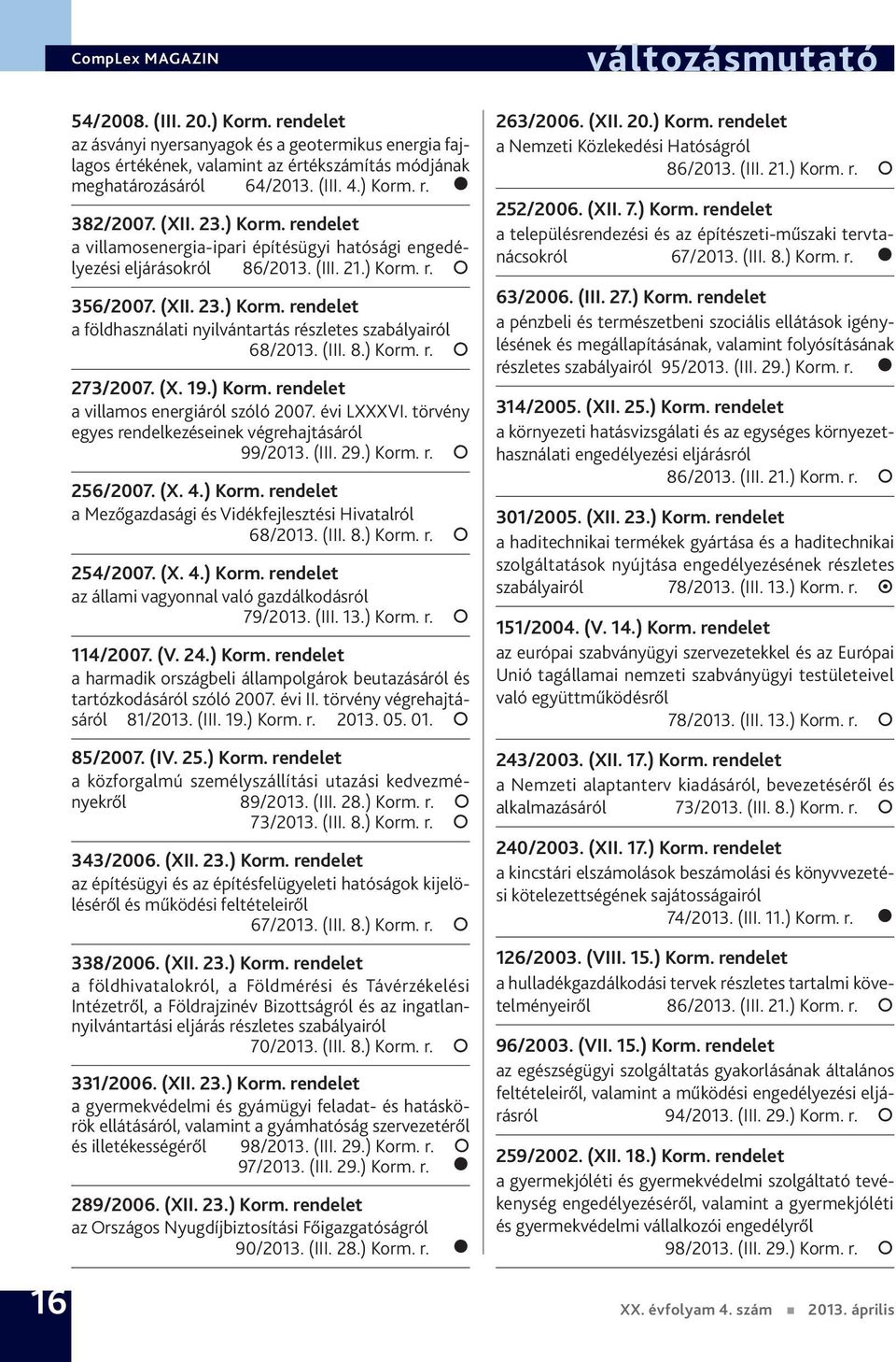 (III. 8.) Korm. r. 273/2007. (X. 19.) Korm. rendelet a villamos energiáról szóló 2007. évi LXXXVI. törvény egyes rendelkezéseinek végrehajtásáról 99/2013. (III. 29.) Korm. r. 256/2007. (X. 4.) Korm. rendelet a Mezőgazdasági és Vidékfejlesztési Hivatalról 68/2013.