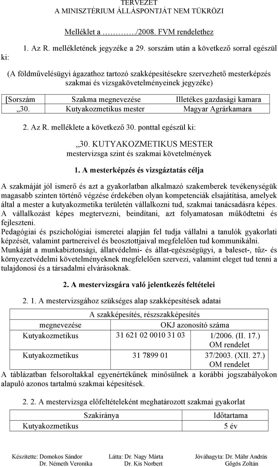 Illetékes gazdasági kamara 30. Kutyakozmetikus mester Magyar Agrárkamara 2. Az R. melléklete a következő 30. ponttal egészül ki: 30.