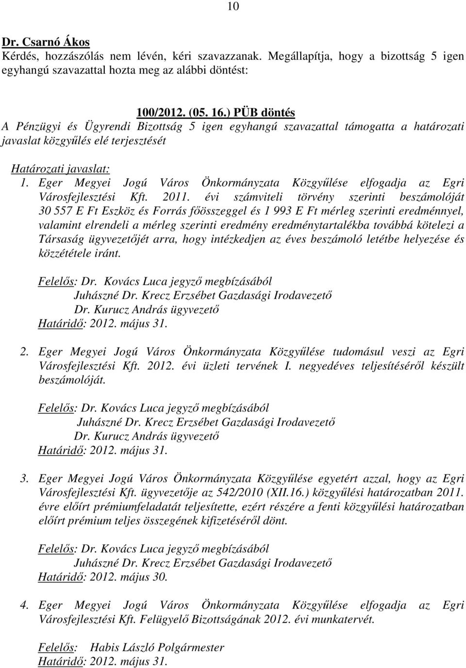 Eger Megyei Jogú Város Önkormányzata Közgyűlése elfogadja az Egri Városfejlesztési Kft. 2011.