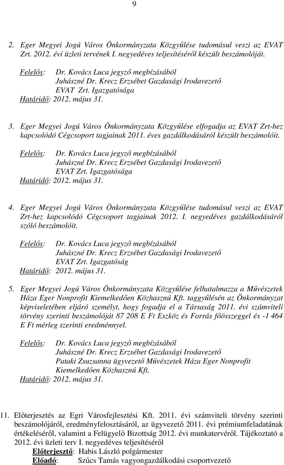 . 3. Eger Megyei Jogú Város Önkormányzata Közgyűlése elfogadja az EVAT Zrt-hez kapcsolódó Cégcsoport tagjainak 2011. éves gazdálkodásáról készült beszámolóit. Felelős: Dr. . 4.