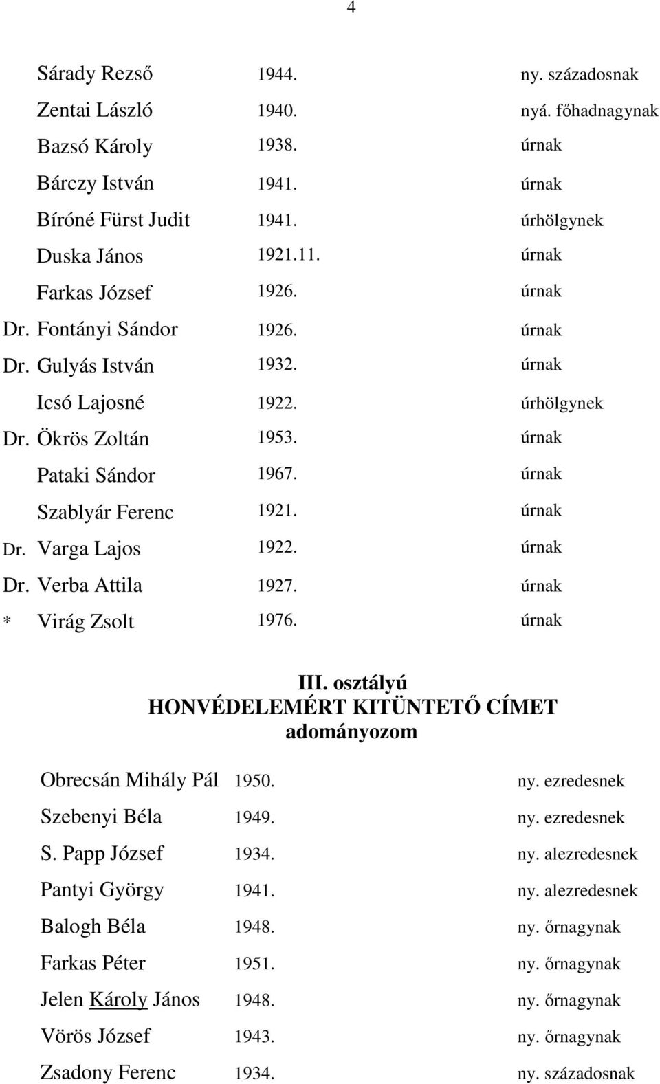 úrnak Dr. Varga Lajos 1922. úrnak Dr. Verba Attila 1927. úrnak * Virág Zsolt 1976. úrnak III. osztályú HONVÉDELEMÉRT KITÜNTETŐ CÍMET Obrecsán Mihály Pál 1950. ny. ezredesnek Szebenyi Béla 1949. ny. ezredesnek S. Papp József 1934.