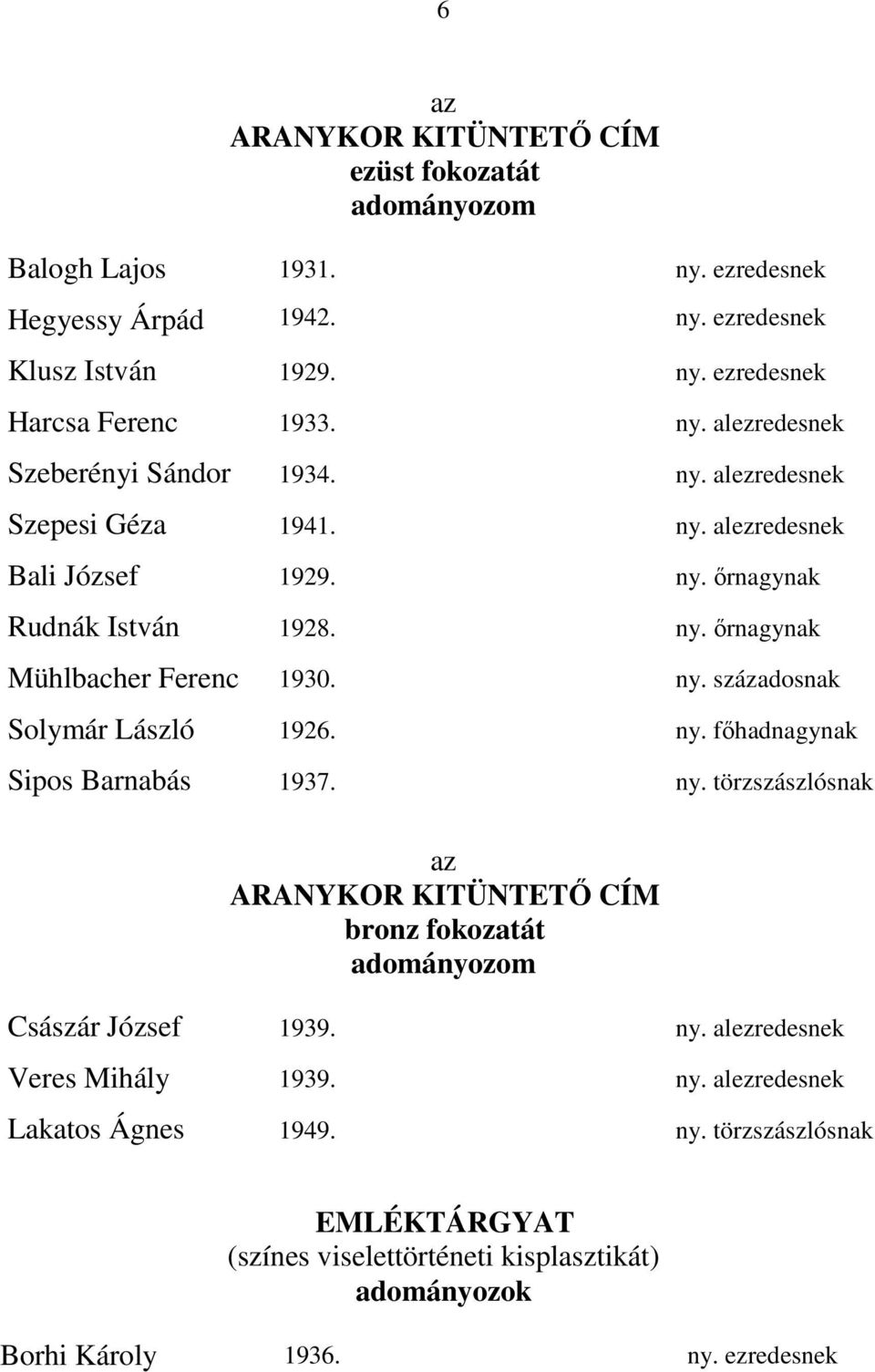 ny. főhadnagynak Sipos Barnabás 1937. ny. törzszászlósnak az ARANYKOR KITÜNTETŐ CÍM bronz fokozatát Császár József 1939. ny. alezredesnek Veres Mihály 1939. ny. alezredesnek Lakatos Ágnes 1949.