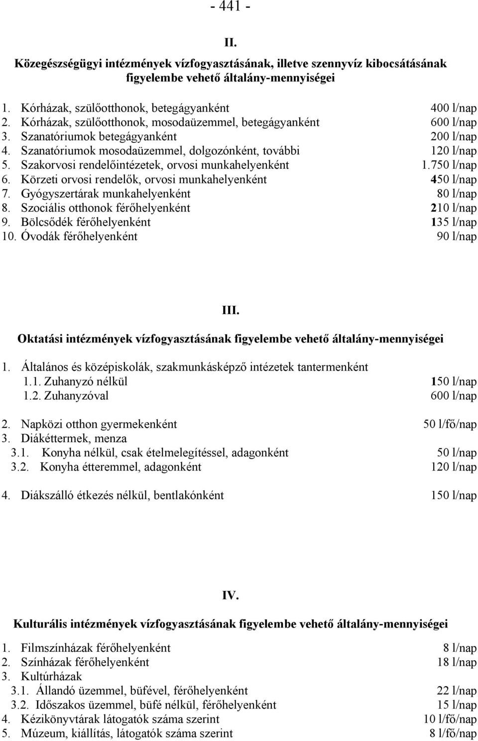 Szakorvosi rendelőintézetek, orvosi munkahelyenként 1.750 l/nap 6. Körzeti orvosi rendelők, orvosi munkahelyenként 450 l/nap 7. Gyógyszertárak munkahelyenként 80 l/nap 8.