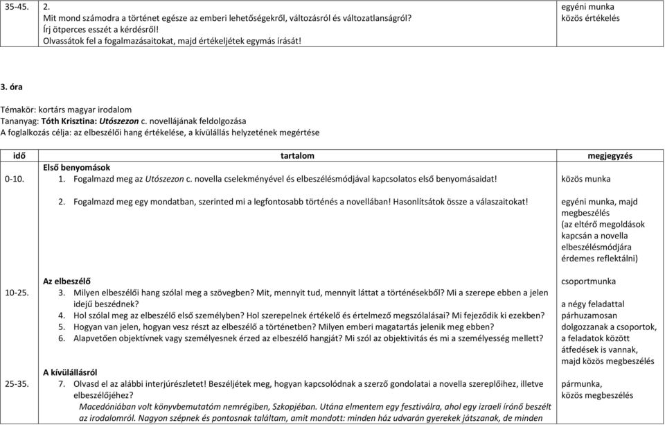 novellájának feldolgozása A foglalkozás célja: az elbeszélői hang értékelése, a kívülállás helyzetének megértése Első benyomások 0-10. 1. Fogalmazd meg az Utószezon c.