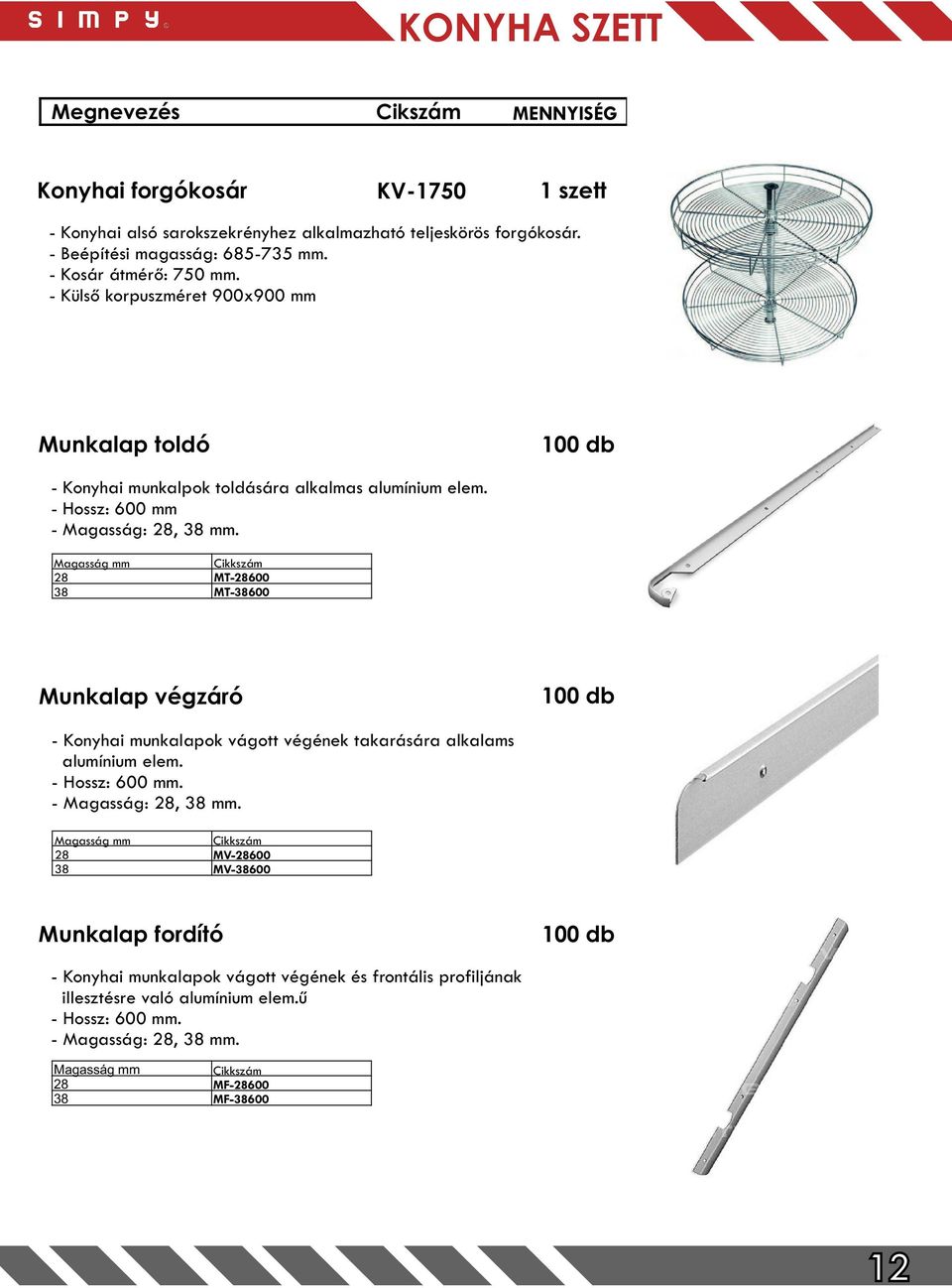 Magasság mm 28 38 MT-28600 MT-38600 Munkalap végzáró 100 db - Konyhai munkalapok vágott végének takarására alkalams alumínium elem. - Hossz: 600 mm. - Magasság: 28, 38 mm.