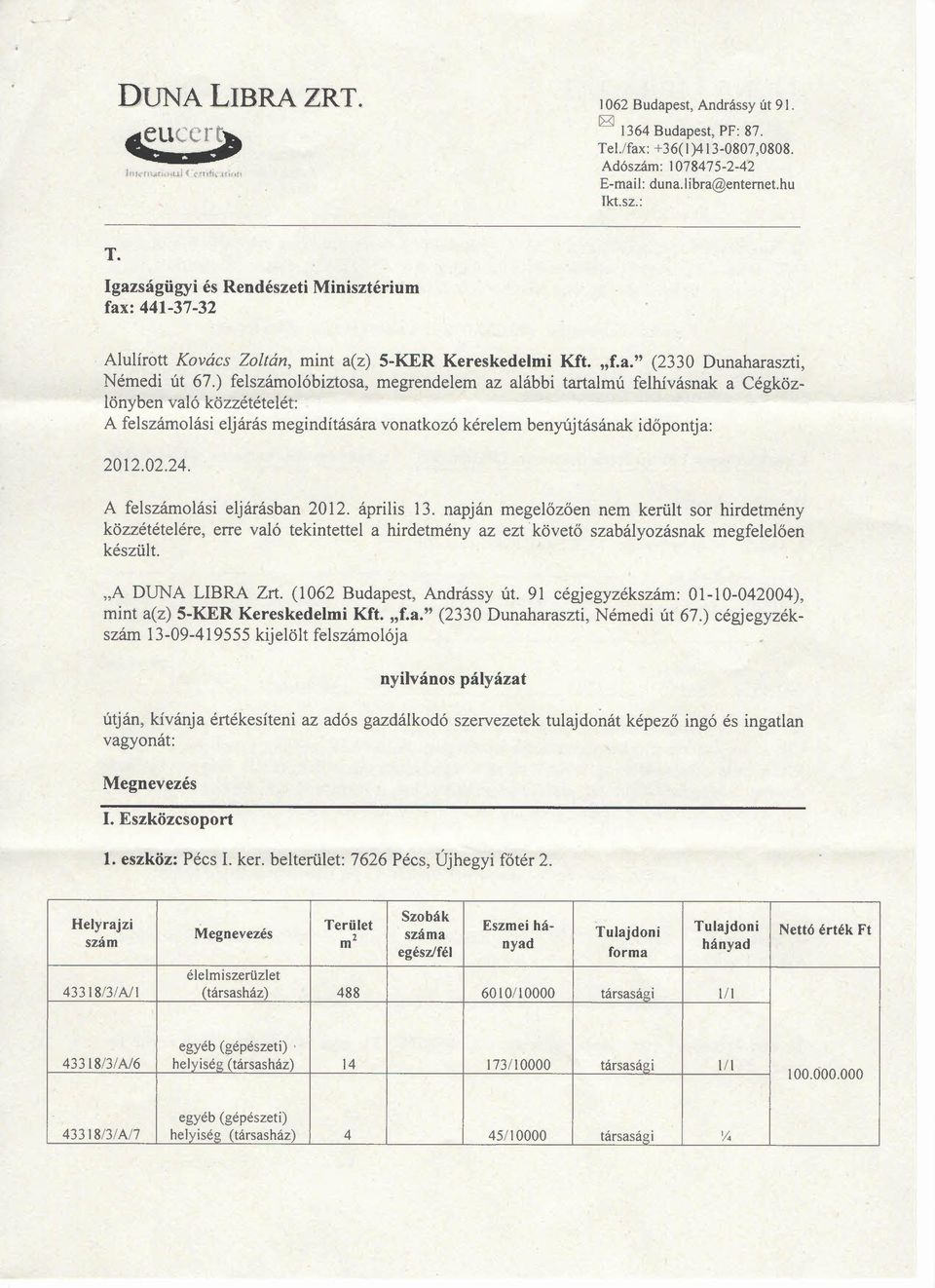 ) felszámolóbiztosa, megrendelem az alábbi tartalmú felhívásnak a Cégközlönyben való közzétételét: A felszámolási eljárás megindítására vonatkozó kérelem benyújtásának időpontja: 2012.02.24.