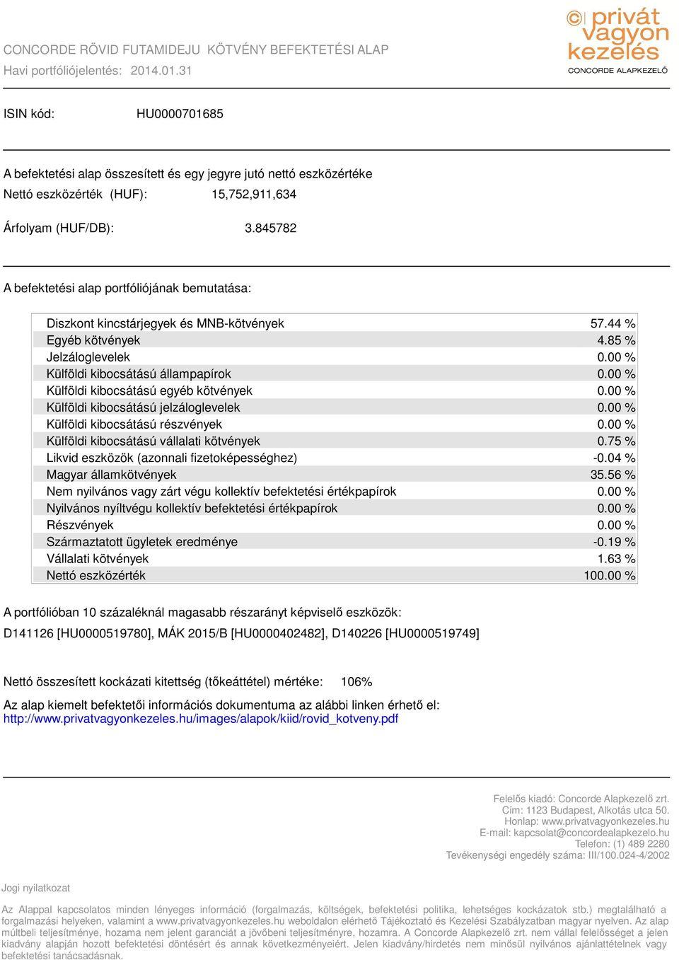 845782 A befektetési alap portfóliójának bemutatása: Diszkont kincstárjegyek és MNB-kötvények Egyéb kötvények Jelzáloglevelek Külföldi kibocsátású állampapírok Külföldi kibocsátású egyéb kötvények