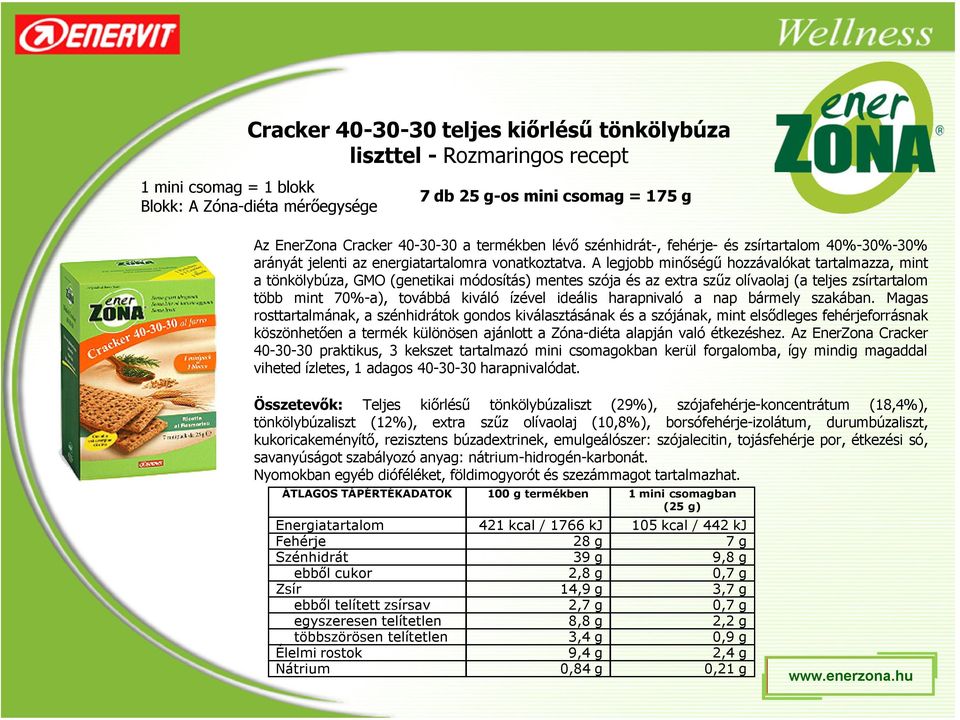 A legjobb minőségű hozzávalókat tartalmazza, mint a tönkölybúza, GMO (genetikai módosítás) mentes szója és az extra szűz olívaolaj (a teljes zsírtartalom több mint 70%-a), továbbá kiváló ízével