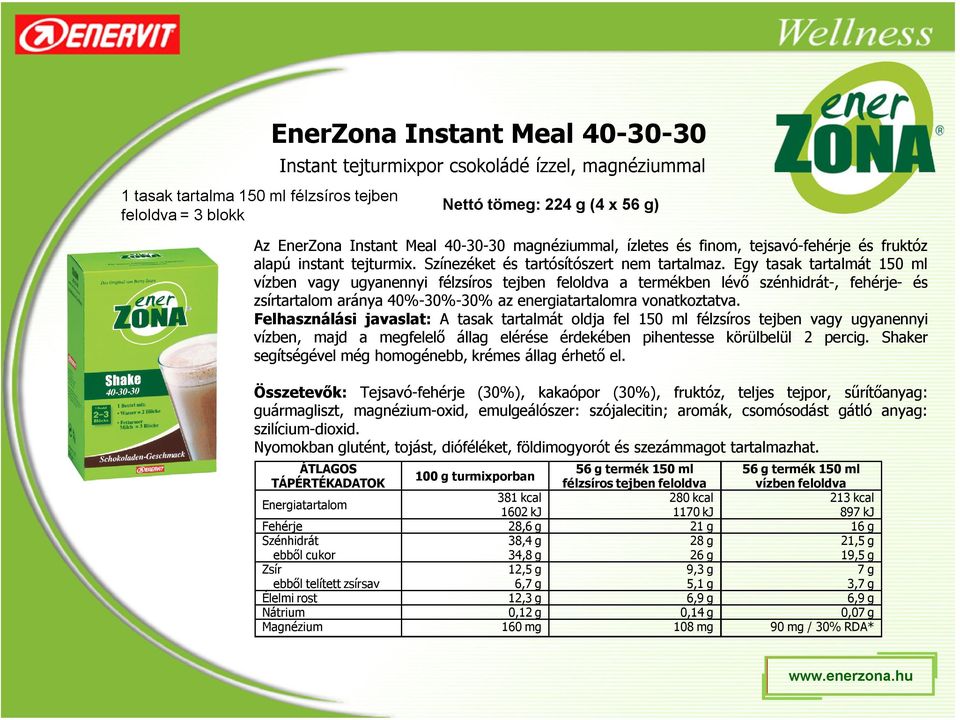 Egy tasak tartalmát 150 ml vízben vagy ugyanennyi félzsíros tejben feloldva a termékben lévő szénhidrát-, fehérje- és zsírtartalom aránya 40%-30%-30% az energiatartalomra vonatkoztatva.