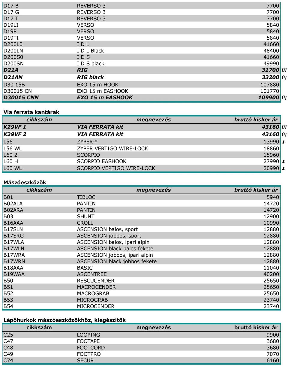 43160 ÚJ K29VF 2 VIA FERRATA kit 43160 ÚJ L56 ZYPER-Y 13990 L56 WL ZYPER VERTIGO WIRE-LOCK 18860 L60 2 SCORPIO 15960 L60 H SCORPIO EASHOOK 27990 L60 WL SCORPIO VERTIGO WIRE-LOCK 20990 Mászóeszközök