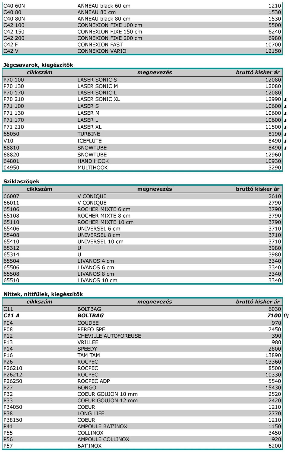 LASER S 10600 P71 130 LASER M 10600 P71 170 LASER L 10600 P71 210 LASER XL 11500 65050 TURBINE 8190 V10 ICEFLUTE 8490 68810 SNOWTUBE 8490 68820 SNOWTUBE 12960 64801 HAND HOOK 10930 04950 MULTIHOOK