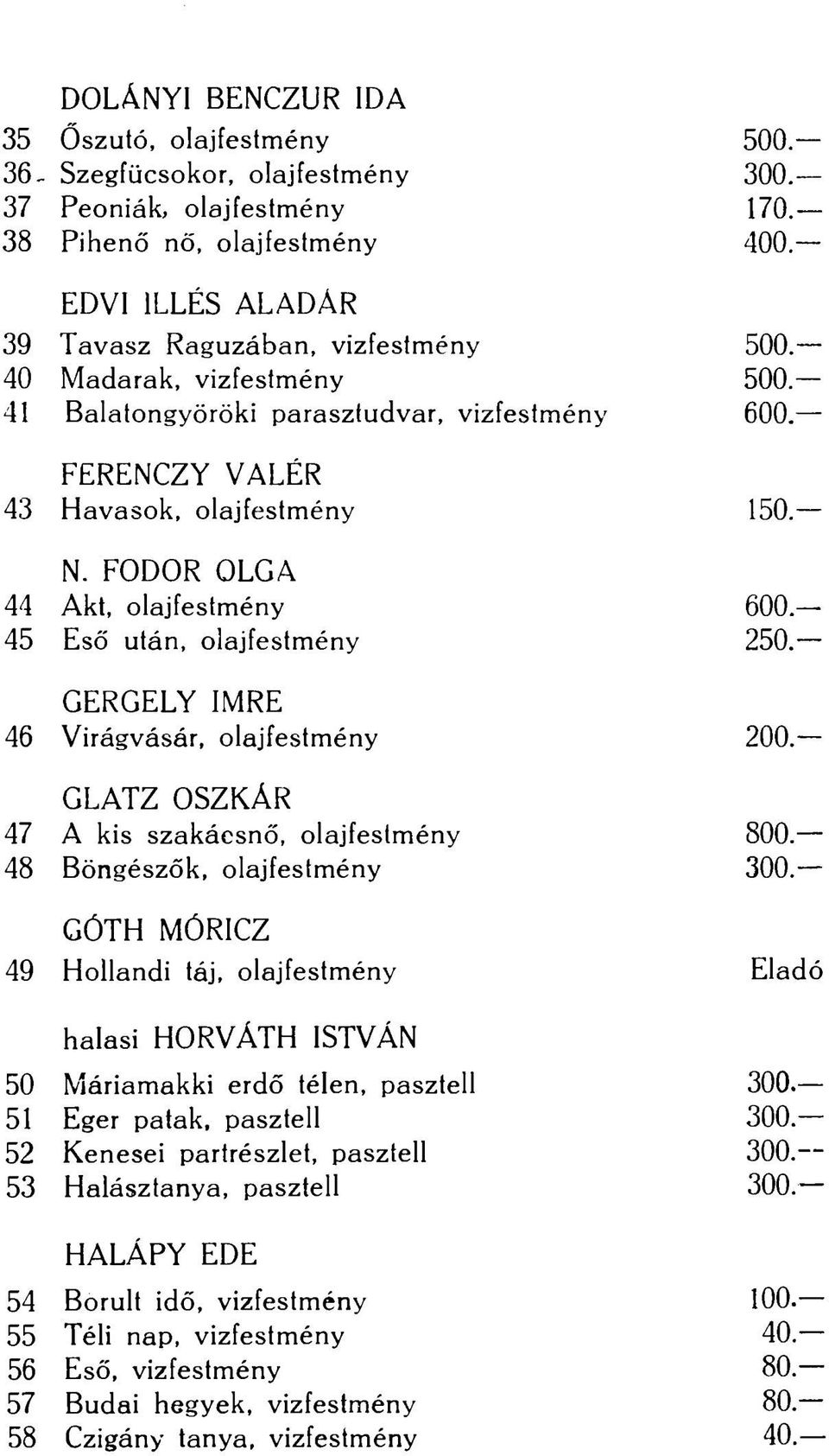 FODOR OLGA 44 Akt, olajfestmény 600 45 Eső után, olajfestmény 250. GERGELY IMRE 46 Virágvásár, olajfestmény 200. GLATZ OSZKÁR 47 A kis szakácsnő, olajfestmény 800. 48 Böngészők, olajfestmény 300.