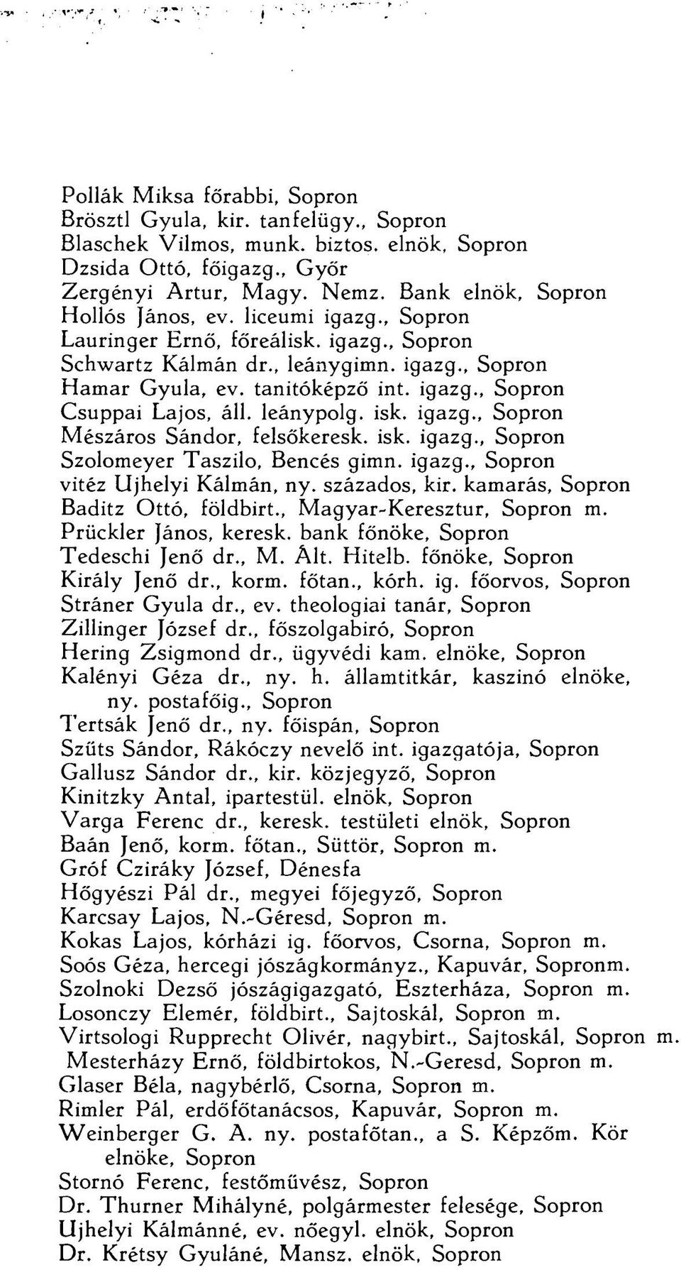 leánypolg. isk. igazg., Sopron Mészáros Sándor, felsőkeresk. isk. igazg., Sopron Szolomeyer Tasziló, Bencés gimn. igazg., Sopron vitéz Újhelyi Kálmán, ny. százados, kir.