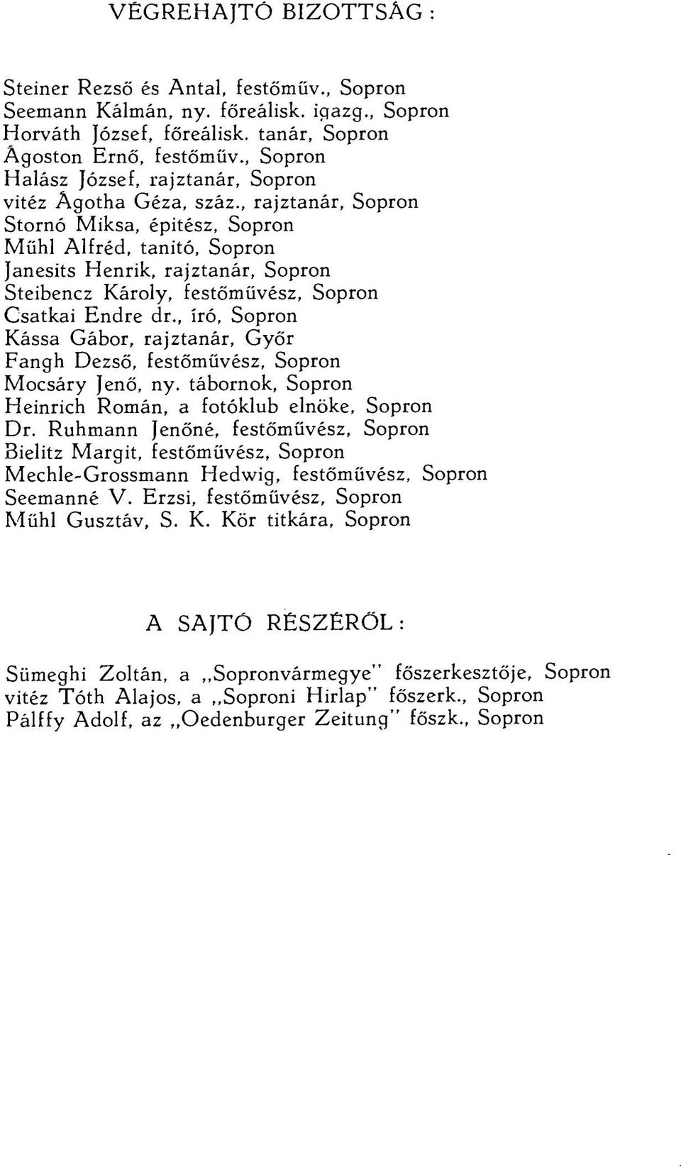 , rajztanár, Sopron Stornó Miksa, épitész, Sopron Mühl Alfréd, tanító, Sopron Janesits Henrik, rajztanár, Sopron Steibencz Károly, festőművész, Sopron Csatkai Endre dr.