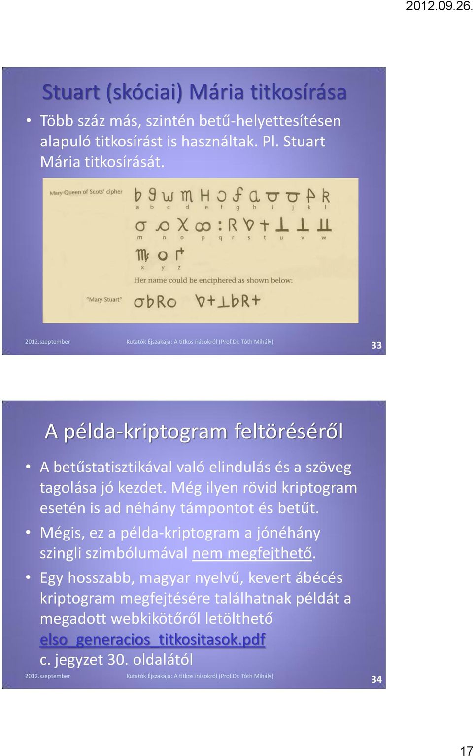 Még ilyen rövid kriptogram esetén is ad néhány támpontot és betűt. Mégis, ez a példa-kriptogram a jónéhány szingli szimbólumával nem megfejthető.
