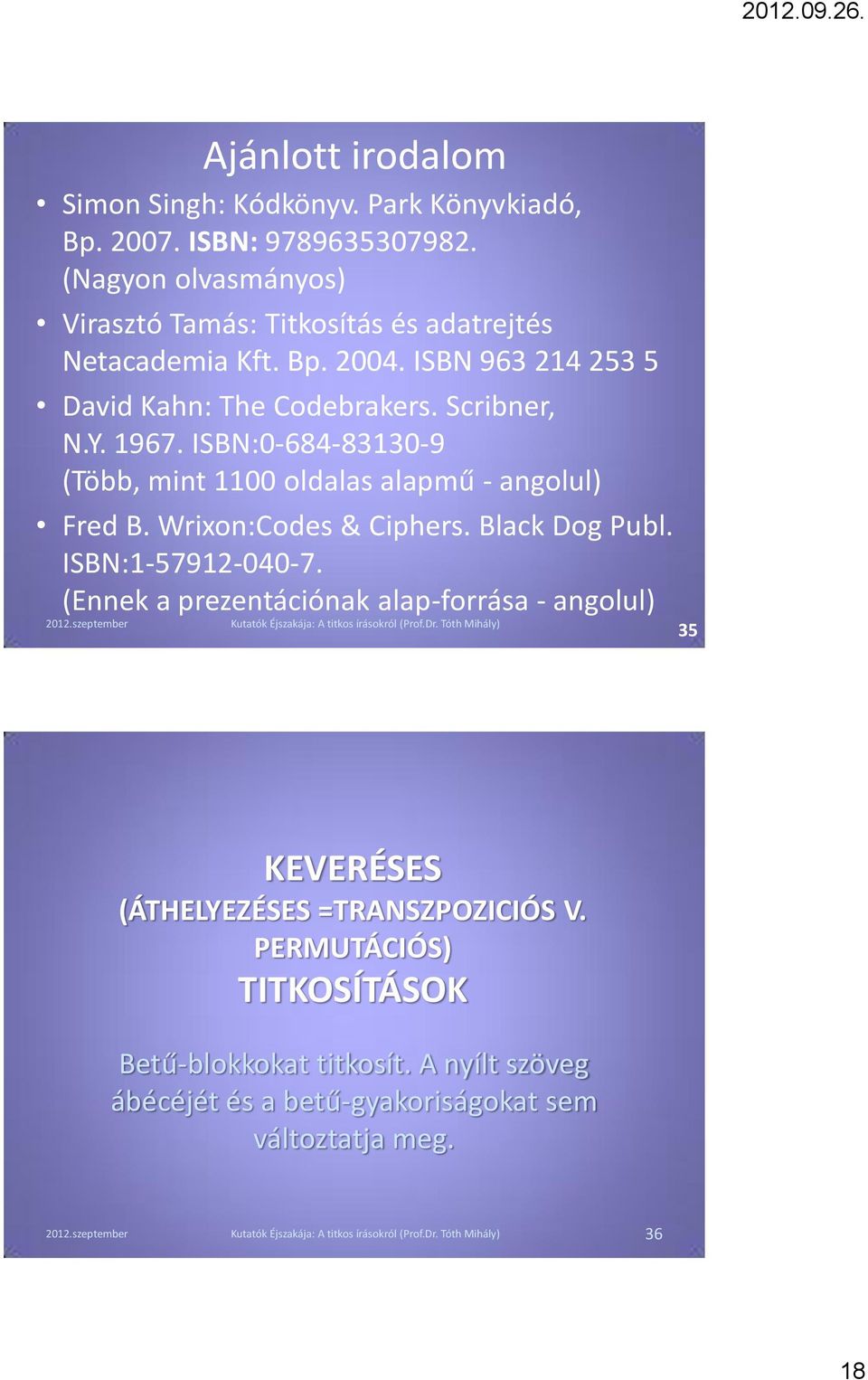 Y. 1967. ISBN:0-684-83130-9 (Több, mint 1100 oldalas alapmű - angolul) Fred B. Wrixon:Codes & Ciphers. Black Dog Publ. ISBN:1-57912-040-7.