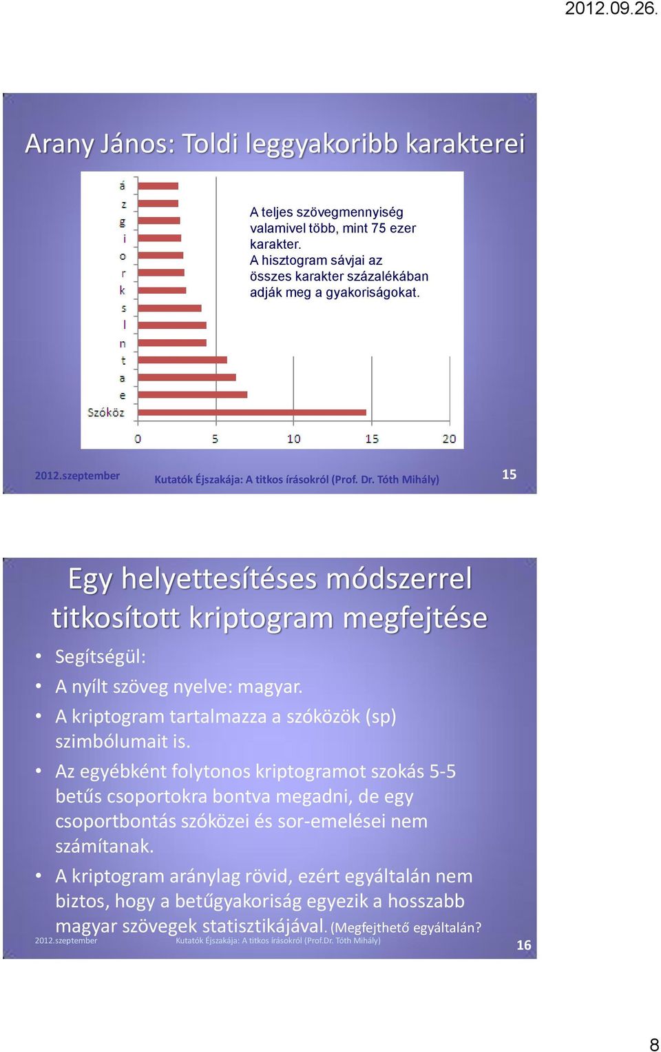 Kutatók Éjszakája: A titkos írásokról (Prof. Dr. Tóth Mihály) 15 Egy helyettesítéses módszerrel titkosított kriptogram megfejtése Segítségül: A nyílt szöveg nyelve: magyar.