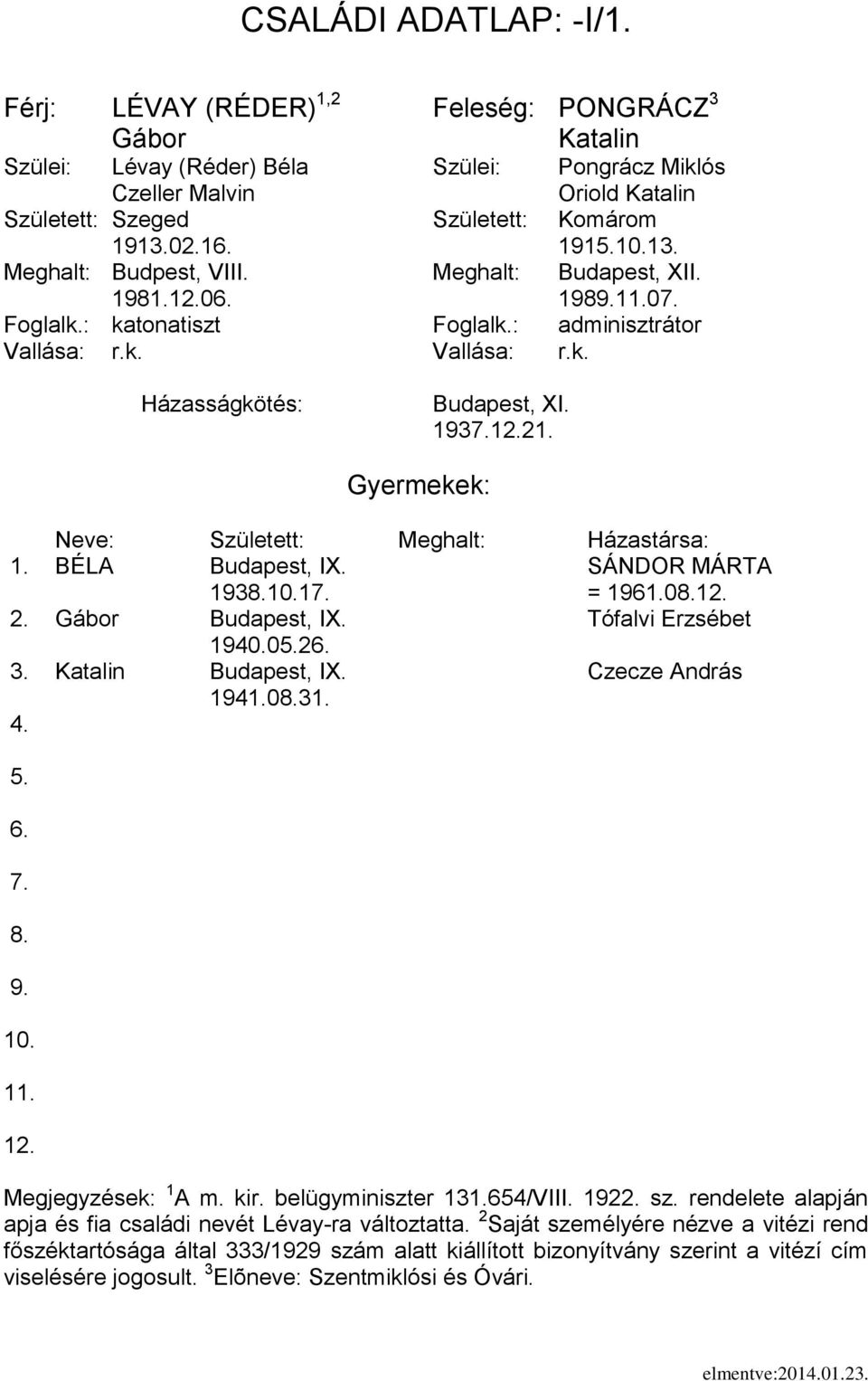 Tófalvi Erzsébet 1940.02 3. Katalin Budapest, IX. Czecze András 1941.031. Megjegyzések: 1 A m. kir. belügyminiszter 131.654/VIII. 1922. sz.