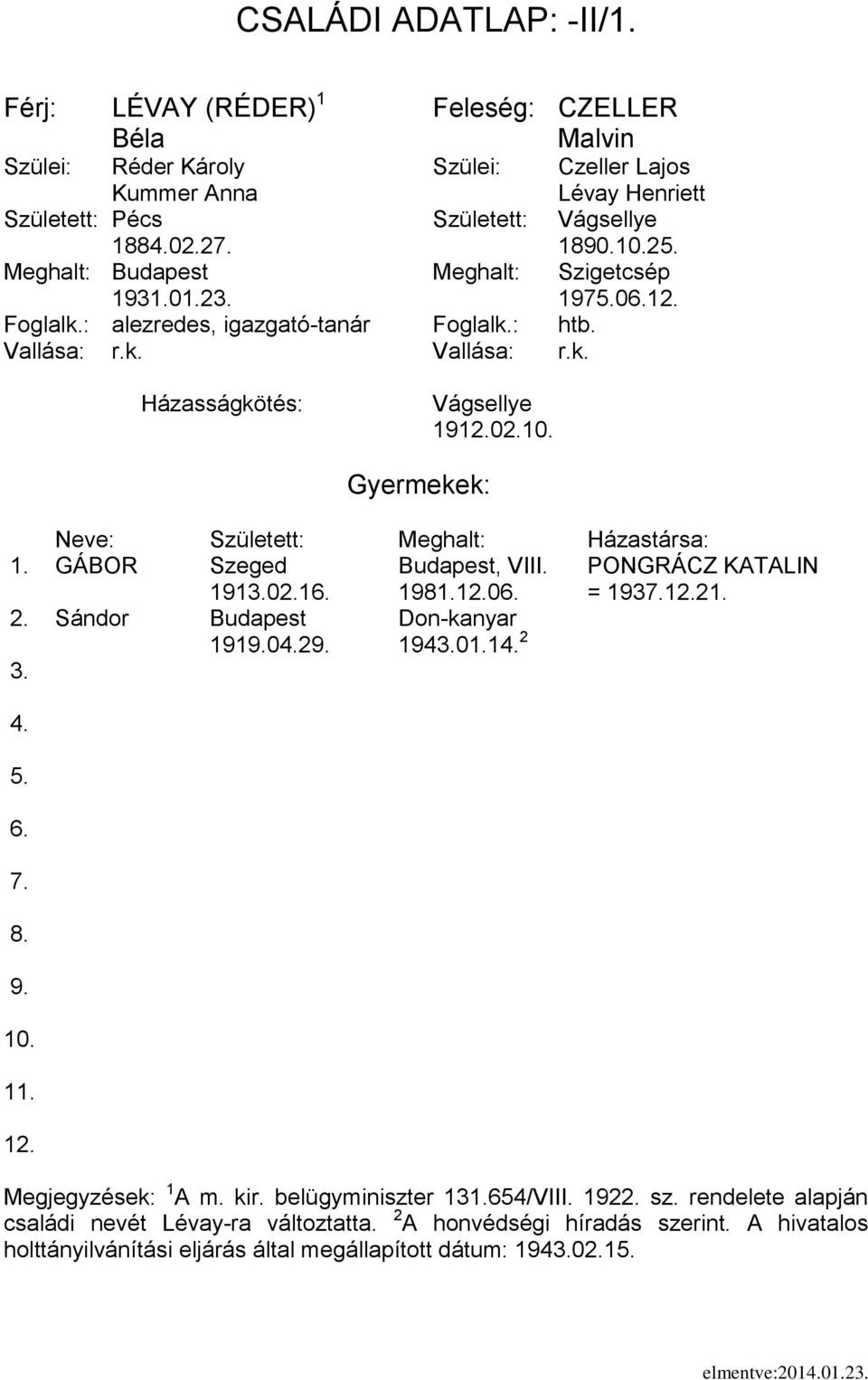 2 Budapest Szigetcsép 1931.01.23. 1970 alezredes, igazgató-tanár htb. Vágsellye 1902. 1. GÁBOR Szeged Budapest, VIII. PONGRÁCZ KATALIN 1913.02.1 1981.