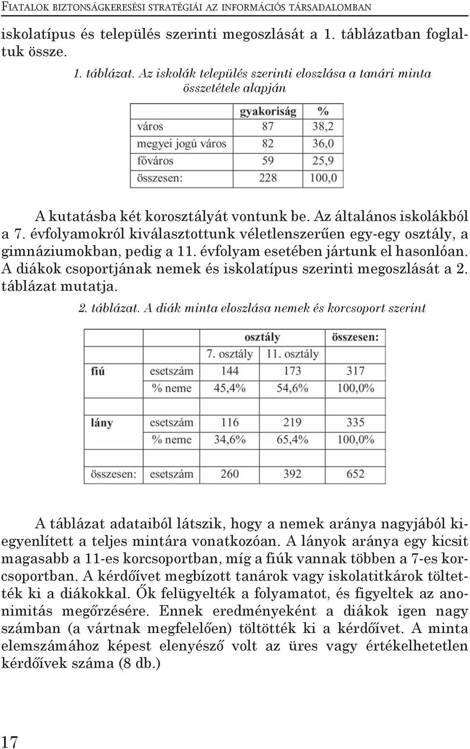 A diákok csoportjának nemek és iskolatípus szerinti megoszlását a 2. táblázat 