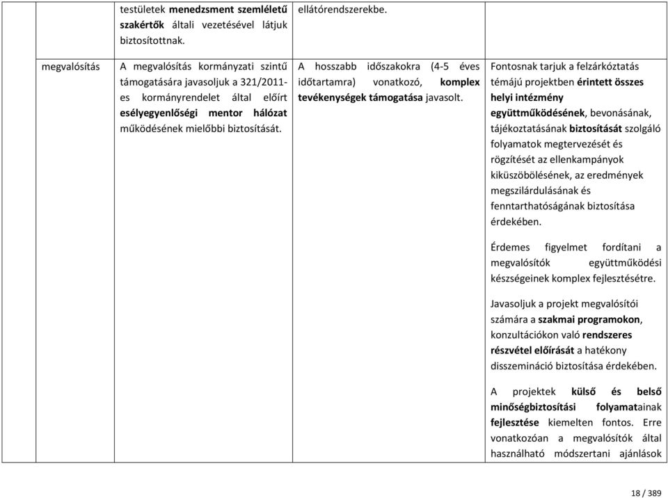 A hosszabb időszakokra (4-5 éves időtartamra) vonatkozó, komplex tevékenységek támogatása javasolt.